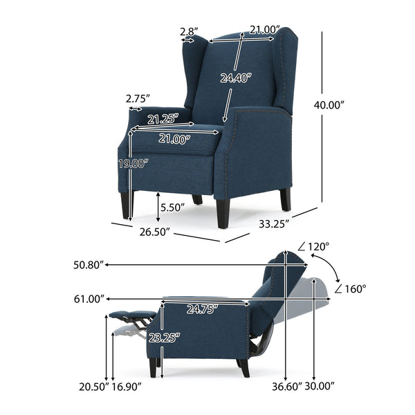 English Elm Christopher Knight Home® - Pushback Recliner Chair with Nailhead Trim and Wingback Design, Plush Fabric Comfort for Living Rooms Navy Blue 60760.00DBL