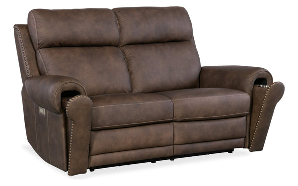 Hooker Furniture Duncan Semi-Aniline Kalahari Bark Power Loveseat With Zero-Gravity Recline, Usb, Nailhead Trim SS635-PHZL2-088