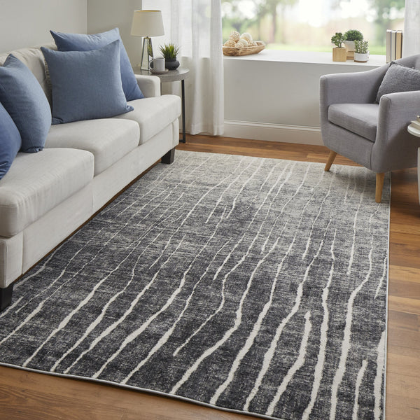 Feizy Rugs Kano Abstract Low Pile Area Rug - Distressed Design, Stain & Water Resistant, Ideal For Pets & Homes Black,Gray,Ivory Polypropylene,Polyester 86439lifivygrya08