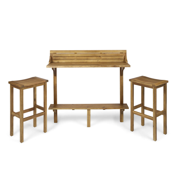 English Elm 3-piece Acacia Balcony Bar Set Railing Mount with Shelf and Two Stools Outdoor 62980.00