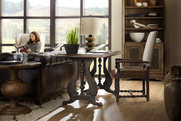 Hooker Furniture Hill Country Comfort Upholstered Arm Chair With Leather Seat, Woven Back, Distressed Anthracite Finish, Nailhead Trim 5960-75400-BLK