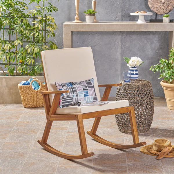 English Elm Champlain Outdoor Acacia Wood Rocking Chair with Cross-back Design and Cushions Cream 62685.00