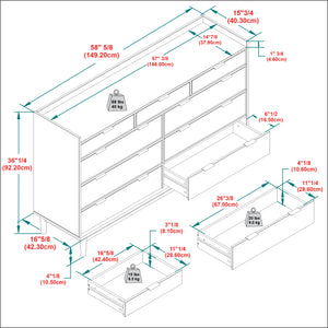 60" Solid Wood 9-Drawer Chest with Gallery Caramel BR9DRLEEDRCA-T Walker Edison