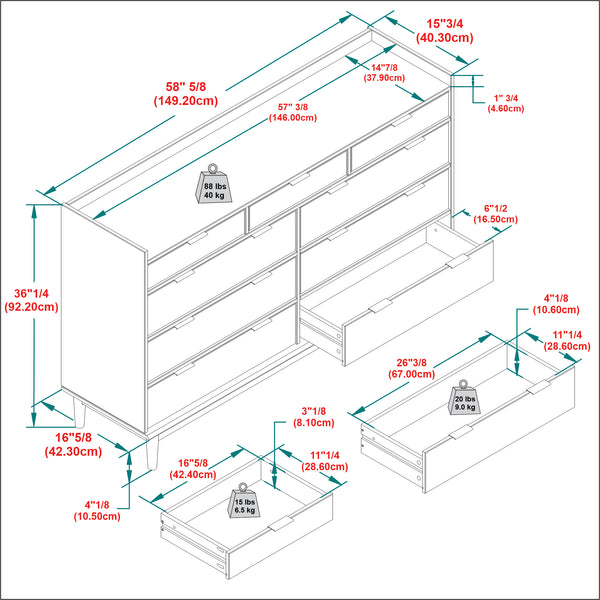 60" Solid Wood 9-Drawer Chest with Gallery Caramel BR9DRLEEDRCA-T Walker Edison