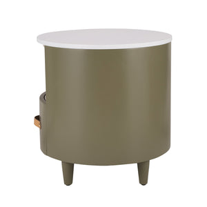 English Elm Christopher Knight Home® - Contemporary Round Nightstand with Drawer & Open Shelf, Curved Bedside Table with Leather Handles Green 22 L x 22 W x 19.75 H N761P285708F