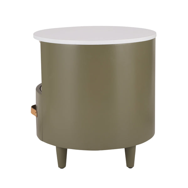 English Elm Christopher Knight Home® - Contemporary Round Nightstand with Drawer & Open Shelf, Curved Bedside Table with Leather Handles Green 22 L x 22 W x 19.75 H N761P285708F