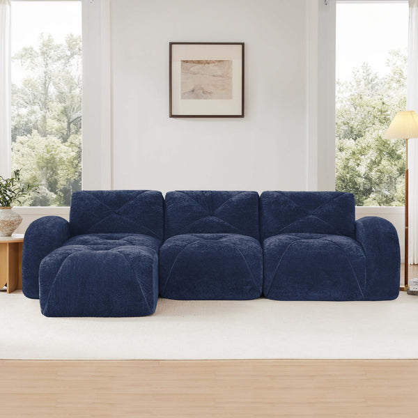English Elm L-shaped Velvet Sectional Sofa Tufted Modular Seating with Ottoman for Living Room Blue W714S01620