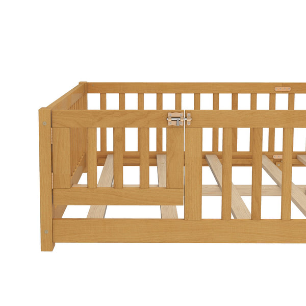 English Elm Queen Kids Floor Bed with Safety Guardrails and Door for Independent Sleep, Pine Frame, 82.7"x62.6" Natural W1580P338954