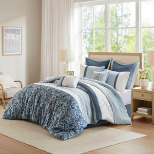 JLA Home 510 Design - 8 Shawnee 8-Piece Comforter Set — Damask-Accent Blue & White Microfiber, Hypoallergenic, Hotel-Style Finish 5DS10-0257