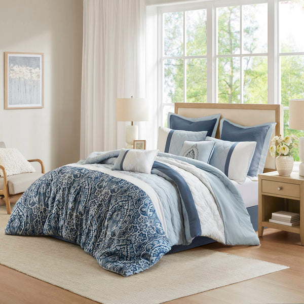 JLA Home 510 Design - 8 Shawnee 8-Piece Comforter Set — Damask-Accent Blue & White Microfiber, Hypoallergenic, Hotel-Style Finish 5DS10-0257