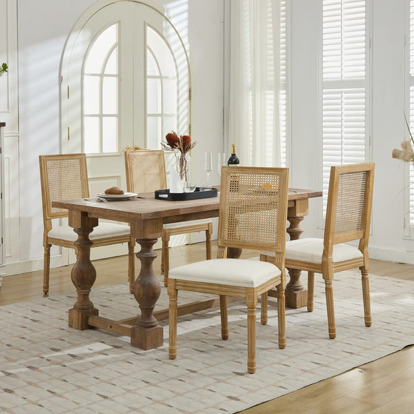English Elm French Louis Dining Chair Set of 2 with Rattan Square Backrest, Carved Solid Wood Frame, Cushioned Elegance Beige W1143P335056