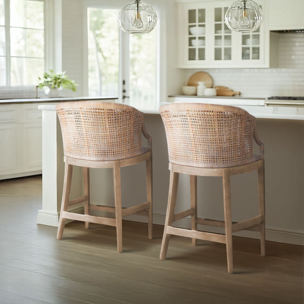 JLA Home Martha Stewart - Handcrafted Rattan & Wood Counter Stool with Curved Back, Upholstered Seat, Footrest & Metal Kick Plate MT104-1194