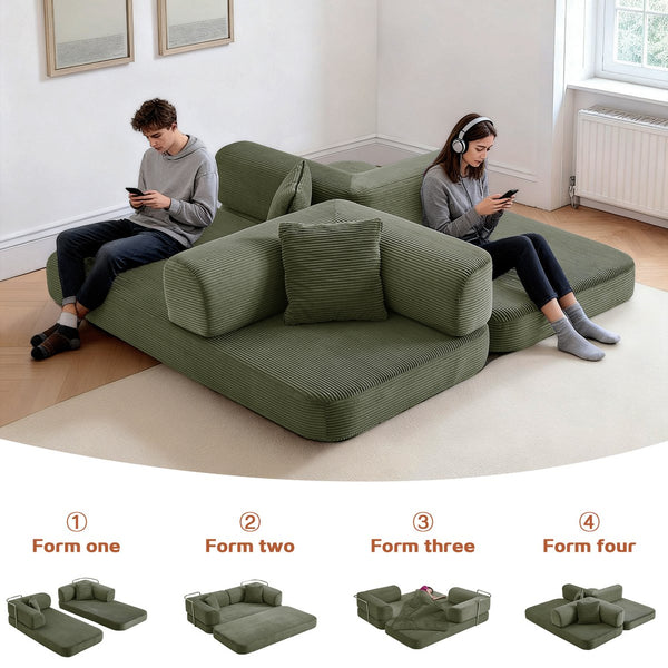 English Elm Floor Sofa Bed Modular Corduroy Convertible Lounge with Steel Frame for Living Room Antique Green W3565P397194