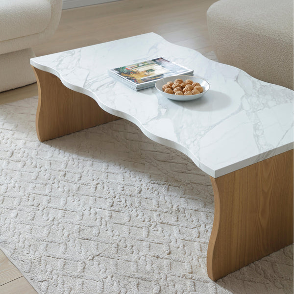 English Elm 47.24" Whisper Of Waves Modern Coffee Table - Sculptural Faux Marble Design With Warm Wood Base W2664P346444