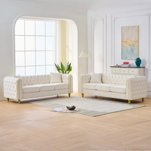 English Elm 3 Seater Chesterfield Velvet Sofa Tufted Rolled Arms Gold Legs Glam Living Room Beige W3373S00085