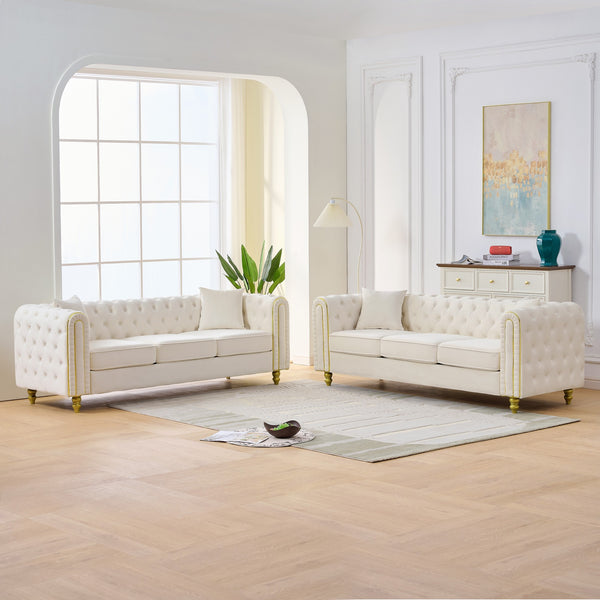 English Elm 3 Seater Chesterfield Velvet Sofa Tufted Rolled Arms Gold Legs Glam Living Room Beige W3373S00085