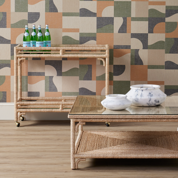 Olisa Natural Rope Bar Cart - Elegant Braided Abaca Design with Glass Shelves & Rolling Casters