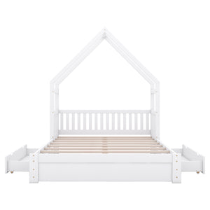 English Elm Wood Queen Size House Platform Bed with Guardrail and 2 Drawers — Charming Kids’ Playful Storage Bedframe White GX000726AAK