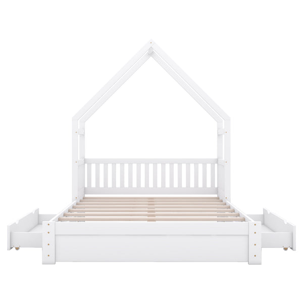 English Elm Wood Queen Size House Platform Bed with Guardrail and 2 Drawers — Charming Kids’ Playful Storage Bedframe White GX000726AAK