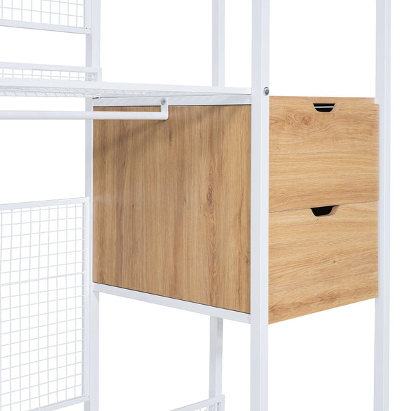 English Elm Open-Style Wardrobe Storage System with Heavy-Duty Metal Frame, Rails, Shelves & Drawers - Sleek Durable Design for Organized Living White SF000087AAK