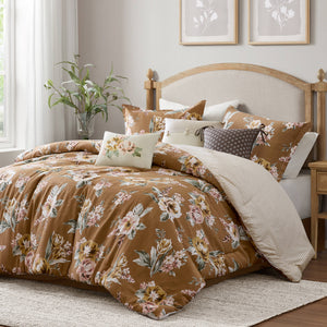 English Elm 7-piece Queen Vintage Floral Comforter Set Cotton Blend Slub Weave Reversible Stripe Terracotta B035P440209