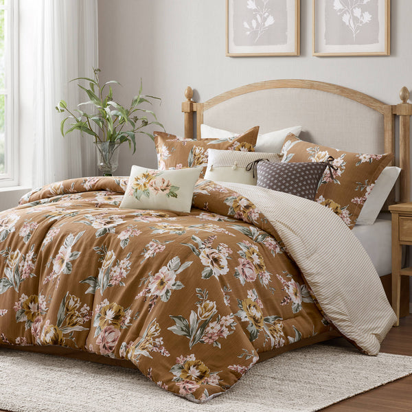 English Elm 7-piece Queen Vintage Floral Comforter Set Cotton Blend Slub Weave Reversible Stripe Terracotta B035P440209