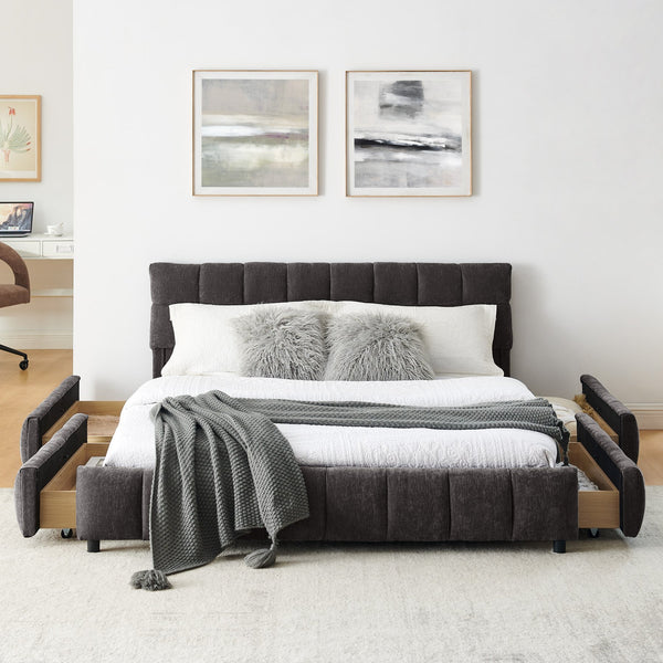 English Elm Queen Chenille Upholstered Platform Bed with Storage Drawers and Padded Headboard Dark Gray W487P235286