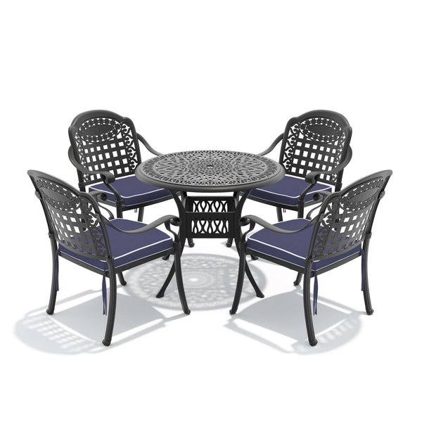 English Elm 5-piece Cast Aluminum Outdoor Dining Set with Ornate Carved Patio Chairs and Table W1710S00626