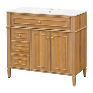 English Elm 36" Modern Bathroom Vanity with Ceramic Sink, Solid Rubber Wood & MDF, Flip Drawer, Soft-Close Doors N725P350825N