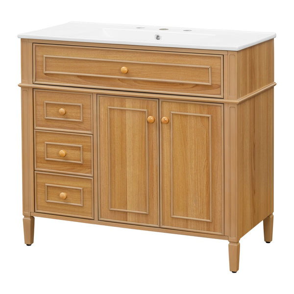 English Elm 36" Modern Bathroom Vanity with Ceramic Sink, Solid Rubber Wood & MDF, Flip Drawer, Soft-Close Doors N725P350825N