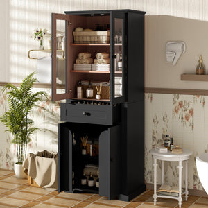 English Elm 67.2" Tall Bathroom Storage Cabinet with Tempered Glass Doors, Adjustable Shelves, Soft-Close Hinges and Anti-Tip Safety Black N729P310006B