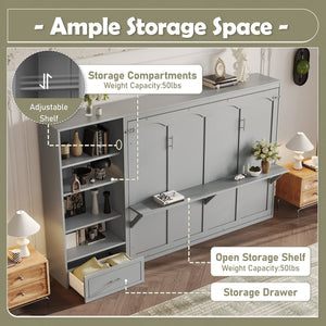 English Elm Queen Murphy Wall Bed with Folding Platform Side Cabinet Drawer and Adjustable Shelves Gray N733S407545E