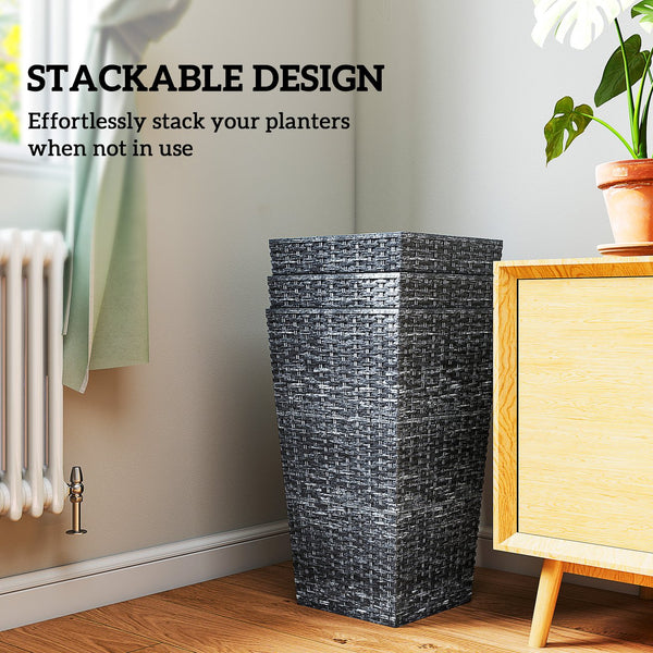 English Elm Outdoor Tall Rattan Style Column Planters Set of 3 Uv Resistant Pp with Drainage T3971P423222