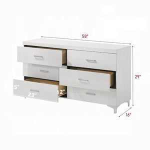 English Elm Contemporary Rustic Tone 1pc Dresser with Felt-Lined Top Drawers, Ball-Bearing Glides, Black Pulls, Bedroom Chic White 62 L x 20 W x 33 H B2741P405692