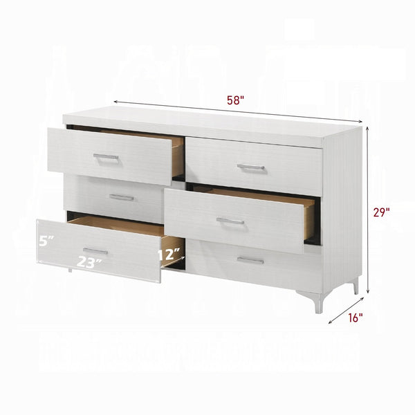 English Elm Contemporary Rustic Tone 1pc Dresser with Felt-Lined Top Drawers, Ball-Bearing Glides, Black Pulls, Bedroom Chic White 62 L x 20 W x 33 H B2741P405692