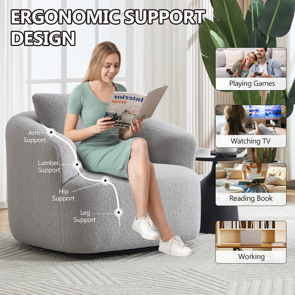 English Elm 360° Swivel Barrel Chair Teddy Fleece Upholstery with Pillow for Bedroom Reading Nook Light Gray W1803P363036