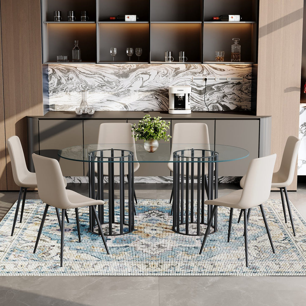 English Elm Table Set Oval Tempered Glass Top with Six Brown Fabric Chairs for Modern Dining Black,Transparent,Warm Grey W1151S04750