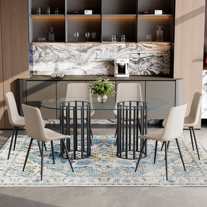 English Elm Table Set Oval Tempered Glass Top with Six Brown Fabric Chairs for Modern Dining Black,Transparent,Warm Grey W1151S04750