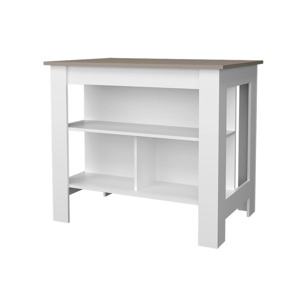 English Elm Taupe Kitchen Island with Open Shelves and White Accents — Stylish Storage, Contemporary Charm (96) B062P252194