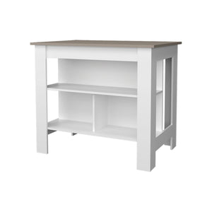 English Elm Taupe Kitchen Island with Open Shelves and White Accents — Stylish Storage, Contemporary Charm (96) B062P252194