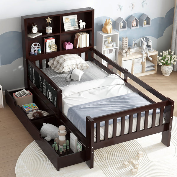 English Elm Twin Chalkboard Platform Bed with Drawers & Shelves, Solid Wood Kids Bed with Storage and Creative Headboard Espresso W1580P362705