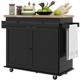 English Elm Homcom Kitchen Island With Storage, Farmhouse Rolling Kitchen Island Cart On Wheels With Drawer, 2 Cabinets, Rubberwood Top, Spice Rack, Towel Racks and 2 Hooks, Black