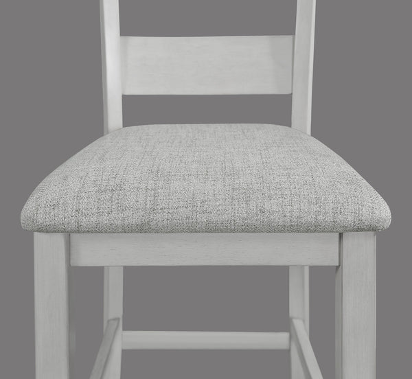 English Elm Rustic 5-Pc Counter Height Dining Set with Square Wood Top, Upholstered Ladder-Back Chairs, Chic Finish Antique White+Gray 44 L x 44 W x 18 H B011P186071