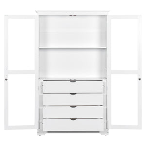 English Elm Topmax Solid Pine Pantry Cabinet with Glass Doors Four Drawers Farmhouse Storage White SP000086AAK