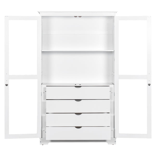 English Elm Topmax Solid Pine Pantry Cabinet with Glass Doors Four Drawers Farmhouse Storage White SP000086AAK
