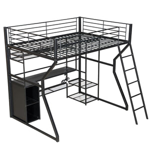 English Elm Full Size Metal Gaming Loft Bed With Workstation, Led Lights, Storage Solutions & Open Wardrobe N7090000666B