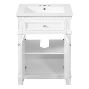 English Elm 24'' Carved Farmhouse Bathroom Vanity with Ceramic Sink Soft Close Storage Cabinet White N710P446530K