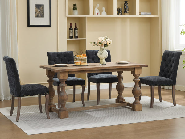 English Elm Upholstered Chenille Tufted Dining Chairs Set of 2 with Curved Wood Legs Club Style Black W1143P457781