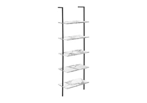 English Elm Bookshelf, 5-Tier Ladder Design With White Marble-Look Shelves & Black Metal Frame For Modern Spaces B2710P219407