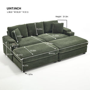 English Elm combination Modular Corduroy Sectional with Usb Charging Deep Foam Seats Green W2120S00013